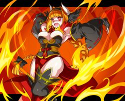 Rule 34 | 1girl, :d, black gloves, black thighhighs, black wings, braid, breasts, creatures (company), curvy, detached sleeves, emboar, feathered wings, fingerless gloves, fire, game freak, gen 5 pokemon, gloves, hair intakes, head wings, highres, horns, large breasts, letterboxed, long hair, long skirt, long sleeves, momoshiro, nintendo, open mouth, orange hair, pelvic curtain, personification, pokemon, red eyes, red skirt, ribbon-trimmed sleeves, ribbon trim, skirt, smile, solo, thighhighs, twin braids, v-shaped eyebrows, wide sleeves, wings