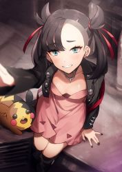 Rule 34 | 1girl, aqua eyes, asymmetrical bangs, asymmetrical hair, backpack, bag, black choker, black hair, black jacket, black nails, blush, breasts, choker, closed mouth, creatures (company), dress, game freak, gen 8 pokemon, grin, hair ribbon, highres, jacket, long hair, long sleeves, looking at viewer, marnie (pokemon), morpeko, morpeko (full), nail polish, nintendo, no-kan, open clothes, open jacket, outstretched arm, pink dress, pokemon, pokemon (creature), pokemon swsh, red ribbon, ribbon, selfie, sitting, small breasts, smile, thighs, twintails, undercut