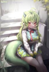 Rule 34 | 1girl, :3, absurdres, ahoge, bare legs, between legs, blush, breasts, closed mouth, commission, dragon girl, dragon horns, dragon tail, dress, frilled dress, frills, garam (ryeoubi), green dress, green horns, green tail, hair between eyes, hand between legs, highres, horns, large breasts, light smile, long hair, long sleeves, looking at viewer, multicolored clothes, multicolored dress, original, pointy ears, red eyes, red ribbon, ribbon, sitting, small horns, solo, stairs, stone stairs, sukiyaki kinoko, tail, white dress