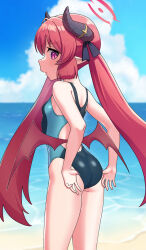 Rule 34 | 1girl, adjusting clothes, adjusting swimsuit, ass, back cutout, beach, black horns, black one-piece swimsuit, blue archive, blue one-piece swimsuit, breasts, clothing cutout, cloud, competition swimsuit, day, demon girl, demon horns, demon wings, halo, highleg, highleg swimsuit, highres, horn ornament, horn ring, horns, inubusa, junko (blue archive), long hair, looking at viewer, looking back, low wings, multicolored clothes, multicolored swimsuit, ocean, one-piece swimsuit, outdoors, pointy ears, purple eyes, red hair, red halo, red wings, sky, slit pupils, small breasts, solo, sweatdrop, swimsuit, twintails, two-tone swimsuit, very long hair, water, wings