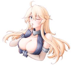 Rule 34 | 1girl, ahoge, arm under breasts, blonde hair, blue eyes, blue gloves, blush, breasts, chain, cleavage, cropped torso, elbow gloves, gloves, iowa (kancolle), kantai collection, large breasts, long hair, meihemu, one eye closed, open mouth, parted lips, solo, star-shaped pupils, star (symbol), symbol-shaped pupils, yellow pupils
