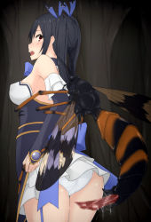 Rule 34 | 10s, 1girl, ass, bare shoulders, bestiality, black hair, blush, breasts, bug, censored, choker, detached sleeves, dress, garter straps, hair ornament, hair ribbon, interspecies, long hair, looking back, looking down, mingaru, monster, mosaic censoring, neptune (series), noire (neptunia), open mouth, panties, pantyshot, penis, rape, red eyes, restrained, ribbon, shiny skin, sideboob, skirt, solo, solo focus, standing, twintails, underwear, wasp, white panties
