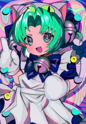 1girl abstract_background absurdres ahoge animal_hat apron bell blue_bow blue_bowtie blue_dress bow bowtie cat_hat clenched_hand dejiko di_gi_charat dress gema green_eyes green_hair hair_bell hair_bow hair_ornament hat highres index_finger_raised jingle_bell looking_at_viewer mittens momae_mac neck_bell open_mouth parted_bangs short_hair short_sleeves smile solo two_side_up white_apron white_hat white_mittens