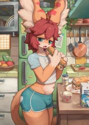 Rule 34 | 1boy, ahoge, animal ears, arcadius0505, blue shorts, cropped shirt, food, furry, furry male, green eyes, highres, holding, holding food, indoors, kitchen, looking at viewer, navel, open mouth, original, red hair, refrigerator, short shorts, short sleeves, shorts, solo, tail