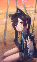 Rule 34 | 1girl, absurdres, animal ear fluff, animal ears, black hair, black jacket, black skirt, black socks, blue archive, blue necktie, blush, cat ears, collared shirt, extra ears, grin, halo, highres, hone (hone art), incredibly absurdres, jacket, long hair, long sleeves, looking at viewer, necktie, open clothes, open jacket, outdoors, pink halo, pleated skirt, red eyes, serika (blue archive), shirt, sitting, skirt, smile, socks, solo, swing, twintails, white shirt