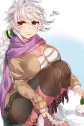 Rule 34 | 10s, 1girl, asymmetrical hair, bad id, bad twitter id, boots, braid, breasts, brown coat, capelet, casual, coat, cross-laced footwear, green skirt, hair between eyes, impossible clothes, jitome, kantai collection, knee boots, lace-up boots, large breasts, long hair, looking at viewer, open mouth, pantyhose, pink footwear, pokoten (pokoten718), purple scarf, scarf, silver hair, single braid, skirt, snow, snowing, solo, sweatdrop, thighband pantyhose, unryuu (kancolle), very long hair, wavy mouth, yellow eyes