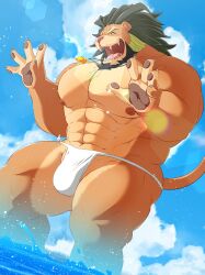 Rule 34 | 1boy, ^ ^, abs, animal ears, arsalan (housamo), bara, beach, beard, bulge, closed eyes, facial hair, feet out of frame, from below, full beard, fundoshi, furry, furry male, highres, huge pectorals, japanese clothes, large pectorals, lifeguard, lion boy, lion ears, male focus, mature male, medium hair, muscular, muscular male, navel, navel hair, nipples, paid reward available, pectorals, samoji (beastlover), solo, stomach, strongman waist, thick beard, thick thighs, thighs, tokyo houkago summoners, topless male, whistle, whistle around neck