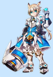 Rule 34 | 1boy, aqua eyes, armor, bad id, bad pixiv id, blonde hair, blue background, boots, cannon, cartridge, chung seiker, elsword, full body, gauntlets, gloves, greaves, hair flaps, huge weapon, long hair, m.r.e.t, male focus, pants, shelling guardian (elsword), smile, solo, surcoat, weapon
