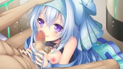 Rule 34 | 1boy, 1girl, blue bow, bow, breasts, censored, closed mouth, game cg, hair between eyes, hair bow, hand on another&#039;s head, headband, imminent fellatio, kanon allegro, long hair, mosaic censoring, nipples, official art, penis, purple eyes, silver hair, small breasts, smile, sora no kanata no dystopia x shitei, very long hair, white headband