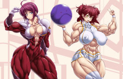 Rule 34 | 00s, 2girls, abs, breasts, covered erect nipples, extreme muscles, gundam, gundam 00, haro, highres, huge breasts, impossible clothes, multiple girls, muscular, nena trinity, nipples, purple eyes, purukogi (plasma beach), red hair, simple background, sweat, yellow eyes