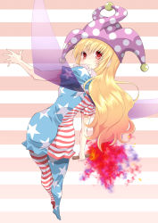 Rule 34 | 1girl, american flag dress, american flag legwear, ass, blonde hair, blush, clownpiece, dress, fairy wings, full body, hand up, hat, highres, jester cap, komiru, legs, long hair, looking at viewer, looking back, pantyhose, pink background, red eyes, short dress, short sleeves, smile, solo, striped background, striped clothes, striped dress, striped pantyhose, thighs, torch, touhou, white background, wings