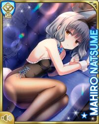 Rule 34 | 1girl, ahoge, animal ears, bare shoulders, blue bow, blush, bow, breasts, brown eyes, card (medium), couch, covered navel, cowboy shot, day, fake animal ears, fingernails, girlfriend (kari), grey hair, highleg, indoors, leotard, long fingernails, looking away, lying, natsume mahiro, official art, on side, open mouth, orange eyes, pantyhose, playboy bunny, qp:flapper, rabbit ears, shiny clothes, short hair, small breasts, wavy hair, wrist cuffs