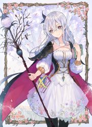 Rule 34 | 1girl, absurdres, anise hyssop, atelier (series), atelier online, black cape, black pantyhose, blue leaf, book, book strap, breasts, cape, cowboy shot, crystal, dress, floral print, flower, glasses, hair ribbon, head tilt, highres, holding, holding book, holding staff, jewelry, khj, leaf, long hair, long sleeves, looking away, looking to the side, medium breasts, outside border, pantyhose, petals, pink flower, print dress, puffy long sleeves, puffy sleeves, purple eyes, ribbed sleeves, ribbon, smile, solo, staff, tree, white hair, withered