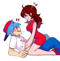 Rule 34 | 1boy, 1girl, absurdres, ahoge, assertive female, bare arms, baseball cap, benzbt, blue hair, blue pants, blush, boyfriend (friday night funkin&#039;), breasts, dress, eye contact, flying sweatdrops, friday night funkin&#039;, girl on top, girlfriend (friday night funkin&#039;), grin, hat, heart, heart-shaped pupils, hetero, high heels, highres, large breasts, long hair, looking at another, lying, navel, pants, red dress, red footwear, shirt, short hair, smile, symbol-shaped pupils, white shirt