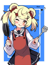 Rule 34 | 1girl, ;p, absurdres, animal ears, apron, arknights, bear ears, bear girl, black dress, blonde hair, blue background, blush, border, bright pupils, candy hair ornament, commentary, dress, food-themed hair ornament, gummy (arknights), hair ornament, hendra, highres, inset border, lollipop hair ornament, looking at viewer, musical note, neckerchief, one eye closed, orange eyes, pantyhose, pinafore dress, pleated skirt, red apron, red pantyhose, sailor collar, shirt, short hair, short twintails, signature, simple background, skirt, sleeveless, sleeveless dress, solo, tongue, tongue out, twintails, white neckerchief, white pupils, white sailor collar, white shirt
