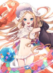Rule 34 | 1girl, abigail williams (fate), abigail williams (swimsuit foreigner) (fate), abigail williams (swimsuit foreigner) (third ascension) (fate), absurdres, armpits, arms up, bare shoulders, bikini, blonde hair, blue eyes, blush, bonnet, bow, breasts, fate/grand order, fate (series), forehead, hair bow, highres, hinakano h, innertube, long hair, looking at viewer, miniskirt, navel, open mouth, parted bangs, sidelocks, simple background, skirt, small breasts, smile, swim ring, swimsuit, thighs, very long hair, white background, white bikini, white bow, white headwear