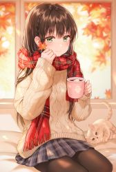 Rule 34 | 1girl, absurdres, animal, aran sweater, autumn leaves, bad id, bad pixiv id, blue skirt, blurry, blurry background, braid, brown hair, brown pantyhose, cable knit, cat, closed mouth, cup, depth of field, french braid, fringe trim, hand up, highres, holding, holding cup, hot chocolate, leaf, long hair, long sleeves, looking at viewer, maple leaf, miniskirt, mug, original, pantyhose, plaid, plaid scarf, plaid skirt, pleated skirt, red scarf, scarf, sidelocks, sitting, skirt, smile, solo, sweater, tokkyu, winter clothes