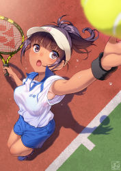 Rule 34 | 1girl, arm up, armpits, ball, blush, breasts, commentary request, from above, graphite (medium), grey eyes, grey hair, gym uniform, highres, looking up, medium breasts, open mouth, original, pairan, ponytail, racket, shoes, sneakers, sweat, tan, tanline, tennis, tennis ball, tennis court, tennis racket, traditional media, visor cap, wristband
