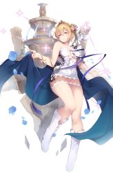 Rule 34 | 1girl, bare shoulders, blonde hair, blue eyes, blue flower, blue rose, blush, boots, breasts, cleavage, collarbone, commentary request, dress, europa (granblue fantasy), flower, full body, granblue fantasy, hair between eyes, hair flower, hair ornament, highres, large breasts, looking at viewer, nanahara fuyuki, rose, short hair, simple background, smile, solo, sparkle, tiara, white background, white dress, white footwear