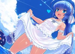 Rule 34 | 1girl, :d, ahoge, blue eyes, blue hair, blue sky, blush, bra, braid, breasts, clothes lift, contrail, copyright request, day, dress, dress lift, dutch angle, fang, gluteal fold, hair between eyes, hair ornament, hairband, heart, long hair, looking at viewer, low-braided long hair, low-tied long hair, no bra, no panties, null (nyanpyoun), open mouth, outdoors, sky, sleeveless, sleeveless dress, small breasts, smile, solo, standing, tan, tanline, twintails, underwear, very long hair, vocaloid, wading, water, white bra, white dress, wristband