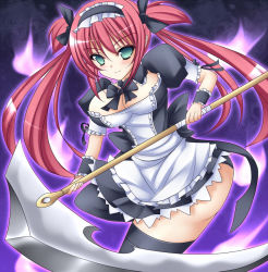Rule 34 | airi (queen&#039;s blade), breasts, green eyes, maid, maid headdress, mikan (5555), queen&#039;s blade, red hair, ribbon, scythe, thighhighs, twintails