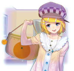 Rule 34 | 1girl, alternate costume, bag, blonde hair, blue eyes, collarbone, commentary request, food, fruit, hair ornament, hairclip, hat, jewelry, kagamine rin, kouno (masao), looking at viewer, necklace, open mouth, orange (fruit), pendant, puffy sleeves, short hair, smile, solo, upper body, vocaloid
