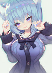 Rule 34 | 1girl, black bow, blue cardigan, blue hair, blue nails, blush, bow, breasts, brown background, cardigan, closed mouth, fingernails, hair between eyes, hands up, head tilt, large breasts, long hair, mamuru, nail polish, original, purple eyes, simple background, smile, solo, upper body