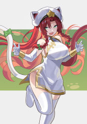 Rule 34 | 1girl, :d, alternate costume, animal ears, animal hat, braid, cat ears, cat hat, china dress, chinese clothes, dress, elbow gloves, falken (yutozin), fang, gloves, green eyes, hair between eyes, hat, highres, hong meiling, looking to the side, open mouth, red hair, skin fang, smile, solo, standing, standing on one leg, thighhighs, touhou, twin braids, white dress, white gloves, white hat, white thighhighs