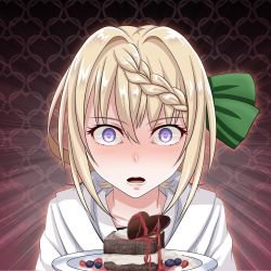 Rule 34 | 1girl, blonde hair, braid, braided bangs, chocolate, commentary request, food, highres, kantai collection, looking at viewer, open mouth, perth (kancolle), plate, purple eyes, short hair, solo, sweets, tk8d32, upper body