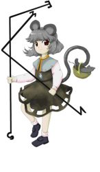 Rule 34 | 1girl, animal ears, dress, female focus, full body, grey hair, jewelry, mouse (animal), nazrin, necklace, official art, randou, red eyes, shoes, short hair, smile, socks, solo, tail, touhou, transparent background, undefined fantastic object, weapon, zun (artist)