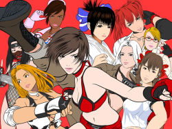 Rule 34 | 6+girls, aihara makoto, anesthesia (rumble roses), arm support, ass, belt, benikage, black hair, blonde hair, blue eyes, breasts, brown hair, candy, candy cane, candy cane (rumble roses), cleavage, crop top, dixie clemets, earrings, elbow gloves, eyepatch, fingerless gloves, food, front-tie top, frown, gloves, hand on own hip, hinomoto reiko, jewelry, konami, large breasts, leaning forward, lipstick, looking at viewer, looking back, loose socks, makeup, microskirt, midriff, miniskirt, miss spencer, mole, multiple girls, necklace, no bra, parted lips, pink lips, plaid, red hair, red lips, rumble roses, scarf, shirt, short hair, short shorts, shorts, sidelocks, simple background, sitting, skirt, socks, tied shirt, twintails