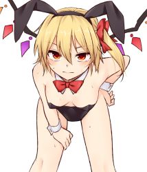 Rule 34 | 1girl, animal ears, bare shoulders, black hairband, black leotard, bow, bowtie, closed mouth, commentary request, detached collar, fake animal ears, flandre scarlet, hair between eyes, hair ribbon, hairband, hand on own hip, highres, leaning forward, legs apart, leotard, looking at viewer, miyo (ranthath), playboy bunny, rabbit ears, red bow, red bowtie, red eyes, ribbon, side ponytail, simple background, solo, sweat, touhou, white background, wings, wrist cuffs