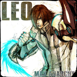 Rule 34 | 1boy, arm blade, black hair, blade, blue eyes, brown hair, character name, clenched hand, copyright name, cyborg, energy blade, fighting stance, foreshortening, gloves, glowing, hair over one eye, leo (max anarchy), leonhardt victorion, looking at viewer, male focus, max anarchy, official art, parted lips, short hair, sketch, solo, unzipped, upper body, weapon, yoshimura ken&#039;ichirou, yosshii