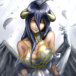 Rule 34 | 1girl, ahoge, albedo (overlord), black hair, breasts, dress, elbow gloves, feathered wings, feathers, female focus, gloves, horns, large breasts, long hair, odakojirou, overlord (maruyama), solo, wings, yellow eyes