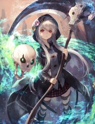 Rule 34 | 1girl, blue fire, character request, closed mouth, fire, highres, holding, holding weapon, hood, hooded coat, long hair, long sleeves, looking at viewer, othellonia, pleated skirt, red eyes, scythe, shirataki jiro, silver hair, skirt, skull, solo, striped clothes, striped thighhighs, studded bracelet, thighhighs, weapon