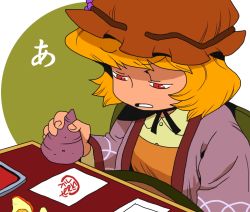 Rule 34 | 1girl, aki minoriko, blonde hair, failure, female focus, food, fruit, grapes, hat, ink, japanese clothes, mirrored text, onikobe rin, paper, potato, printing, red eyes, short hair, sitting, solo, stamp, touhou, you&#039;re doing it wrong