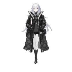 Rule 34 | 1girl, black coat, black footwear, black jacket, black scarf, bodysuit, boots, closed mouth, coat, full body, girls&#039; frontline, grey eyes, hair between eyes, hands in pockets, jacket, jewelry, knee boots, long hair, looking at viewer, necklace, official alternate costume, official art, pouch, scarf, simple background, smile, solo, standing, striped clothes, striped scarf, tareus (girls&#039; frontline), third-party source, transparent background, very long hair, white bodysuit, white hair, yitiao er-hua
