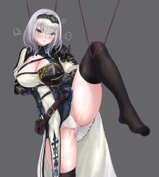Rule 34 | 1girl, puff of air, armor, armored dress, belt, belt pouch, black thighhighs, blue dress, blush, bound, bound arms, bound knees, braid, breasts, brown belt, cameltoe, chest guard, chest harness, chest strap, chinese commentary, cleavage, cleavage cutout, closed mouth, clothing cutout, collared dress, commentary request, dress, foot out of frame, french braid, green eyes, grey background, grey hair, hair between eyes, hairband, harness, highres, hololive, large breasts, leather belt, leg lift, looking at viewer, medium hair, mole, mole on breast, panties, partially visible vulva, pauldrons, pelvic curtain, pleated dress, pouch, pout, puffy sleeves, shirogane noel, shirogane noel (1st costume), short dress, shoulder armor, simple background, single pauldron, solo, thighhighs, two-tone dress, underwear, vambraces, virtual youtuber, waist cape, white dress, white panties, yeklsa