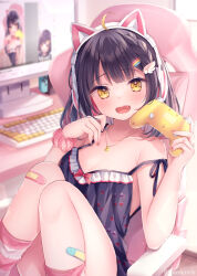 Rule 34 | 1girl, :d, ahoge, animal ear headphones, animal ears, bandaid, bandaid on leg, bare arms, bare shoulders, black camisole, black hair, breasts, camisole, cat ear headphones, chair, cleavage, collarbone, commentary request, controller, desk, fake animal ears, fang, feet out of frame, frilled camisole, frills, game controller, hands up, headphones, heart, heart print, holding, indoors, keyboard (computer), knees together feet apart, knees up, looking at viewer, medium breasts, monitor, multicolored hair, nail polish, nemuri nemu, office chair, on chair, open mouth, original, pink nails, pink scrunchie, polka dot, polka dot scrunchie, print camisole, red hair, scrunchie, smile, socks, solo, strap slip, striped clothes, striped socks, swivel chair, two-tone hair, wrist scrunchie, yellow eyes