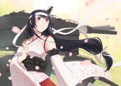 Rule 34 | 1girl, bare shoulders, black hair, blush, closed mouth, detached sleeves, floral print, fusou (kancolle), fusou kai ni (kancolle), hair ornament, hakama, hakama skirt, japanese clothes, kantai collection, long hair, machinery, nao (nao eg), nontraditional miko, petals, red eyes, red hakama, rigging, skirt, solo, turret, wide sleeves