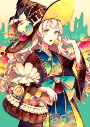 Rule 34 | 1girl, akagi shun, basket, blonde hair, blue bow, blue eyes, blue kimono, bow, brown hat, commentary request, eating, hat, hat ornament, holding, japanese clothes, kimono, long hair, long sleeves, looking at viewer, obi, original, parted lips, sash, solo, wide sleeves, witch hat