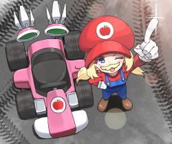 Rule 34 | 1girl, aki rosenthal, blonde hair, blue eyes, cosplay, fake facial hair, fake mustache, gloves, go-kart, hand on own hip, hat, highres, hololive, long hair, mario, mario (cosplay), mario (series), mario kart, mario kart 8, nintendo, one eye closed, open mouth, overalls, red hat, red shirt, shirt, solo, twin (tt lsh), twintails, virtual youtuber, white gloves