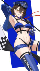 Rule 34 | 1girl, absurdres, azur lane, baltimore (azur lane), baltimore (finish line flagbearer) (azur lane), bikini, black choker, blue background, blue hat, blue jacket, breasts, brown hair, chest harness, choker, cropped jacket, flag, haizou bingsan, harness, hat, highleg, highleg bikini, highres, jacket, large breasts, looking at viewer, micro shorts, official alternate costume, peaked cap, race queen, short hair, shorts, simple background, solo, stomach, swimsuit, two-tone background, white background, yellow eyes