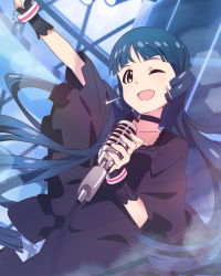 Rule 34 | 10s, 1girl, ;d, artist request, blue hair, bracelet, earrings, idolmaster, idolmaster million live!, jewelry, kitakami reika, microphone, official art, one eye closed, open mouth, smile, wink, yellow eyes