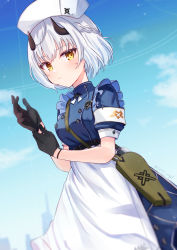Rule 34 | 1girl, adjusting clothes, adjusting gloves, apron, armband, bag, black gloves, black horns, blue archive, blue dress, blurry, braid, breasts, closed mouth, cowboy shot, depth of field, dress, frilled sleeves, frills, gloves, hair between eyes, hat, highres, horns, light blush, looking at viewer, nurse cap, puffy short sleeves, puffy sleeves, sena (blue archive), sese nagi, short hair, short sleeves, side braid, sky, solo, standing, strap, waist apron, weapon, white apron, white hair, wristband, yellow eyes