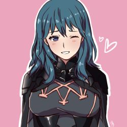 Rule 34 | 1girl, armor, blue eyes, blue hair, blush, byleth (female) (fire emblem), byleth (fire emblem), cape, fire emblem, fire emblem: three houses, gloves, grey background, hair ornament, long hair, looking at viewer, maji (majibomber), nintendo, one eye closed, short hair, simple background, smile, solo, uniform