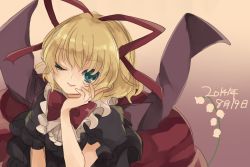 Rule 34 | 1girl, blonde hair, blue eyes, flower, hair ribbon, hand on own cheek, hand on own face, lily of the valley, looking at viewer, medicine melancholy, medium hair, one eye closed, puffy short sleeves, puffy sleeves, red ribbon, red skirt, ribbon, short sleeves, skirt, smile, touhou, xxskmks