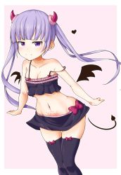 Rule 34 | 1girl, ajidot, arms at sides, black skirt, black thighhighs, cowboy shot, demon girl, heart, highres, horns, long hair, looking at viewer, midriff, navel, new game!, pubic tattoo, purple eyes, purple hair, single horn, skirt, smile, solo, spaghetti strap, standing, stomach tattoo, suzukaze aoba, tail, tattoo, thighhighs, twintails, v-shaped eyebrows, wings, zettai ryouiki