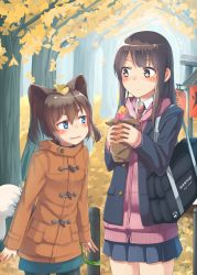 Rule 34 | 2girls, :/, bad id, bad pixiv id, bag, blue eyes, blush, brown eyes, brown hair, coat, cowboy shot, day, dress shirt, drooling, english text, eyebrows, fangs, food, ginkgo tree, holding, hood, hoodie, hungry, jacket, leaf, leaf on head, long hair, long sleeves, looking at another, multiple girls, necktie, nose blush, open clothes, open jacket, open mouth, original, outdoors, pantyhose, paw print, pleated skirt, saliva, school bag, shirt, short hair, skirt, sleeves past wrists, striped necktie, striped neckwear, sweatdrop, sweet potato, tail, thick eyebrows, tree, u (kuroinu0107), u (mikaduki0720)