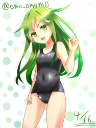 Rule 34 | 10s, 1girl, artist name, bad id, bad pixiv id, crescent, crescent hair ornament, green eyes, green hair, hair ornament, highres, kantai collection, long hair, matching hair/eyes, nagatsuki (kancolle), omoomomo, one-piece swimsuit, open mouth, school swimsuit, smile, solo, swimsuit, twitter username